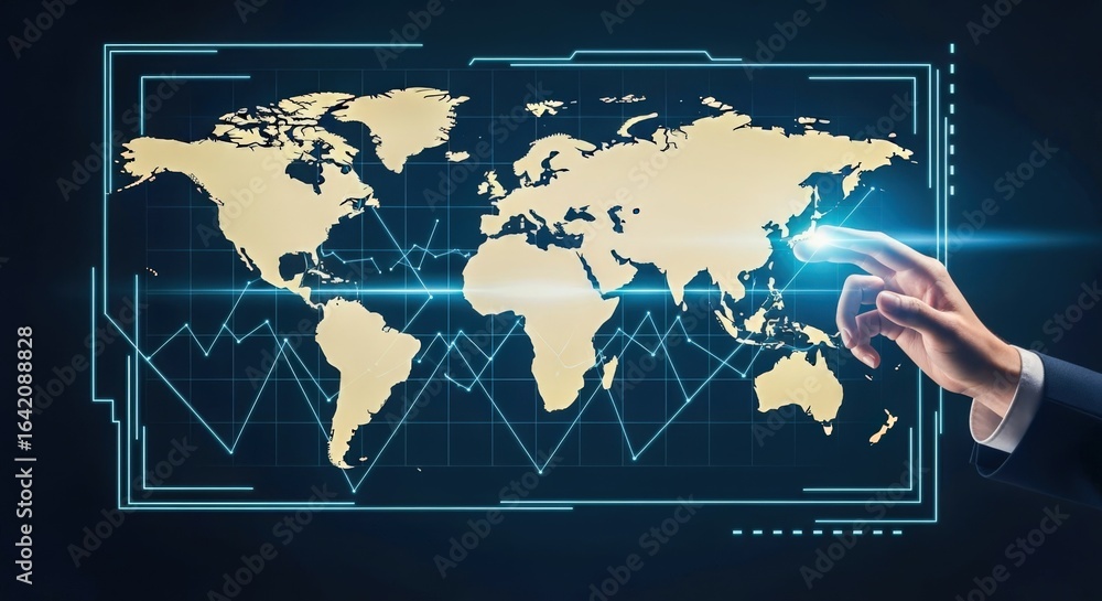 Aufkleber global business expansion: hand touching interactive world map interface with data analytics for int