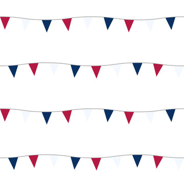 Abstract colorful pattern. Seamless print composed of red, blue, white flags on white background. Festive garland of triangle flags of French colors