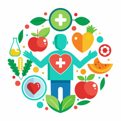 Abstract Human Figure Holding Heart and Medical Cross with Health Icons Vector