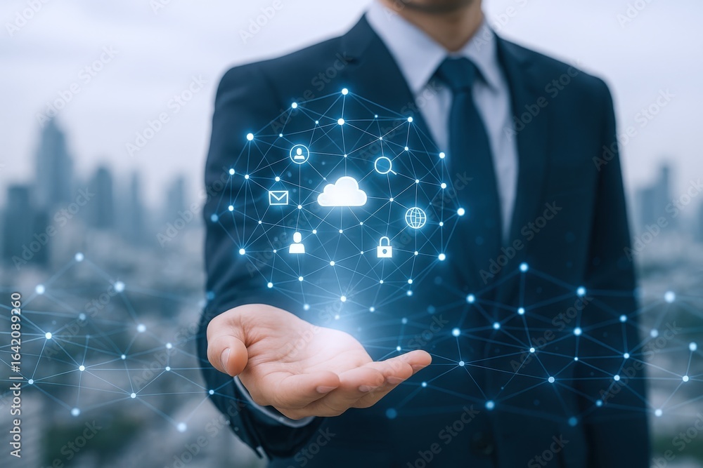 Poster businessman presenting cloud computing technology with data security and global network connection i