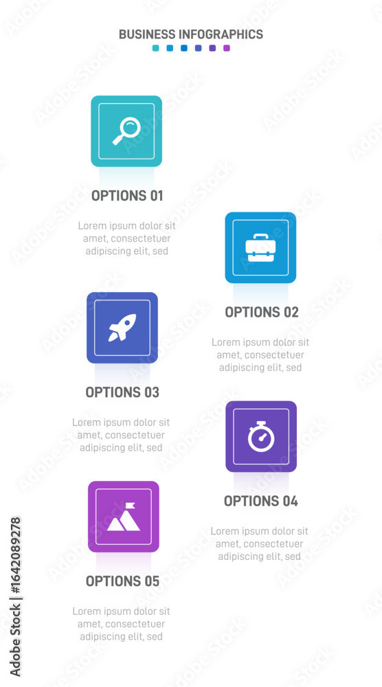 Aufkleber vertical progress bar featuring 5 arrow-shaped elements, symbolizing the five stages of business str