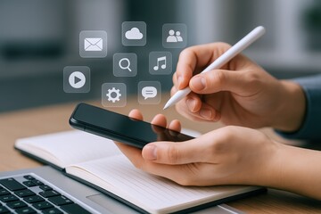 Person Using Mobile Phone with Virtual Icons for Communication, Technology, and Online Connectivity