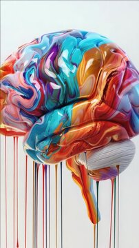 Brain covered in vibrant paints with dripping effects.