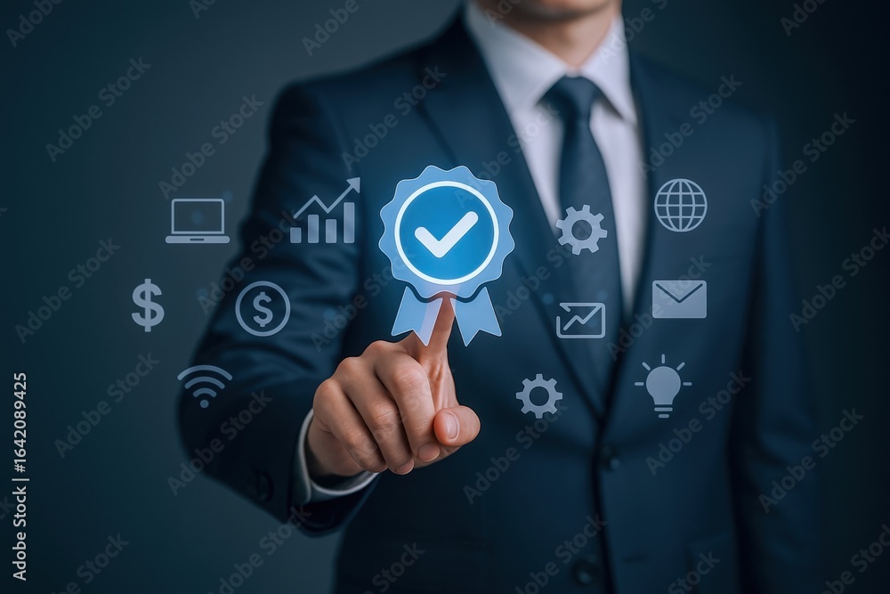 Poster quality assurance concept: businessman touching virtual check mark icon displaying guarantee of serv