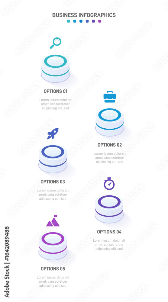 Poster vertical progress bar featuring 5 arrow-shaped elements, symbolizing the five stages of business str