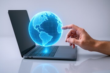 Global Connection: Man Interacting with Holographic Globe Displayed on Laptop, Representing Worldwide Digital Communication