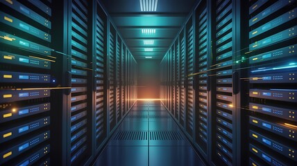 Illuminated server room with rows of glowing computer hardware