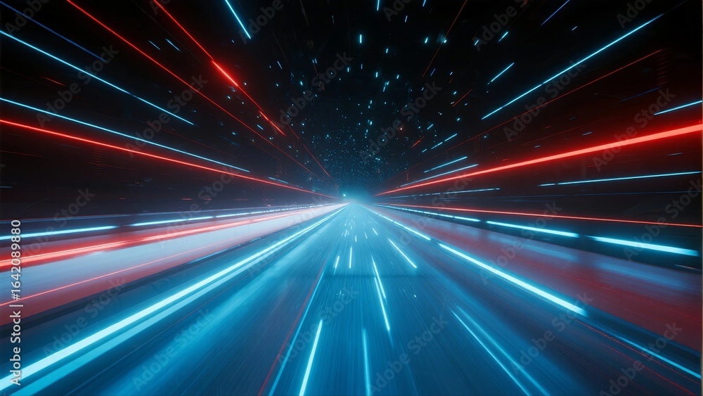 Poster fast-moving neon light trails creating dynamic speed effect in dark space