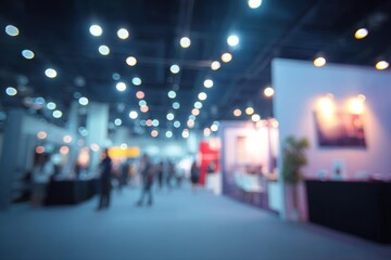 Blurred View of Exhibition Hall with Bright Lights and Crowds