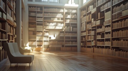 Obraz premium Interior view of a library with shelves full of books and chairs.