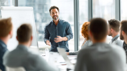 Male business professional gives dynamic presentation or training session to group of colleagues in modern office. Speaker uses whiteboard, creating a collaborative and inspiring business environment