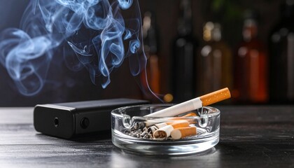 Juxtaposition of traditional smoking and modern vaping on a wooden surface