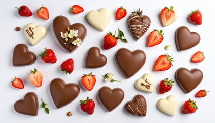 Heart-shaped chocolates and fresh strawberries on white surface, romantic and indulgent flat lay