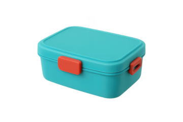 Closed turquoise lunch box with orange clasps on transparent background