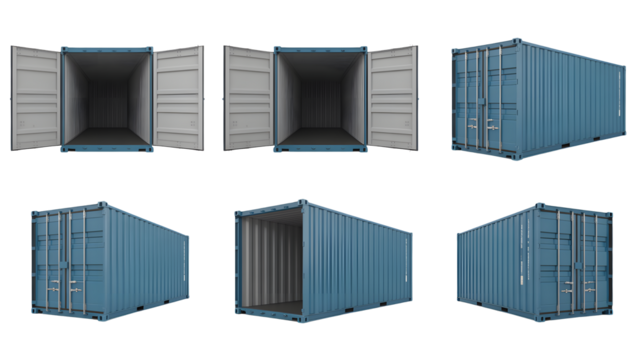 Shipping containers in various orientations ideal for transport, logistics, and global trade illustrations