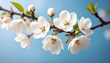 Obraz premium White blossoms with yellow stamens on leafy branch against clear blue sky