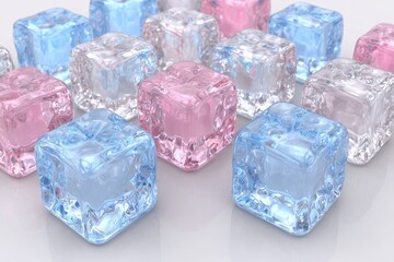 Obraz premium A collection of translucent ice cubes in shades of pink and blue.
