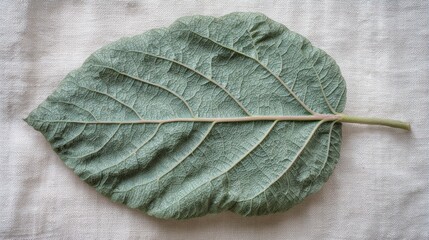 A single large leaf from an unidentified plant, its surface deeply textured with asymmetric veins and slight undulations.