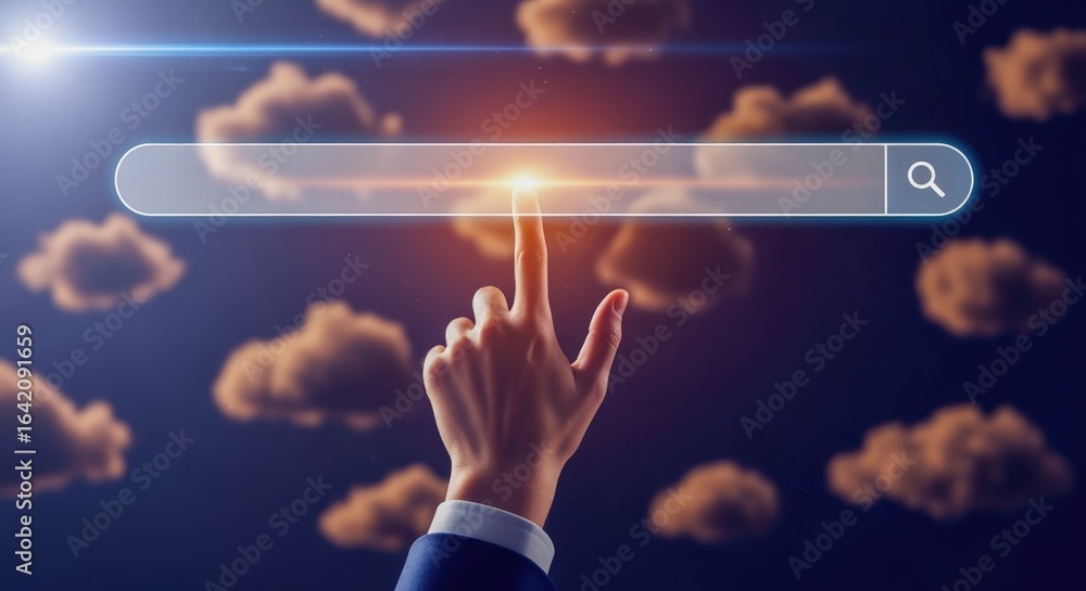 Poster hand touching search bar interface with clouds background, concept for searching information or soci