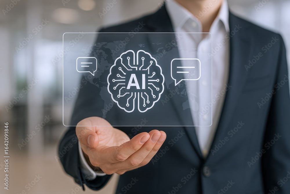 Poster artificial intelligence concept: businessman holding a transparent screen displaying ai brain with c