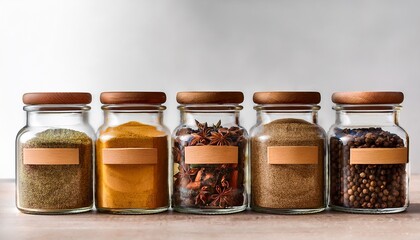 five glass jars with wooden lids each containing different spices or herbs displayed in a row with blank labels