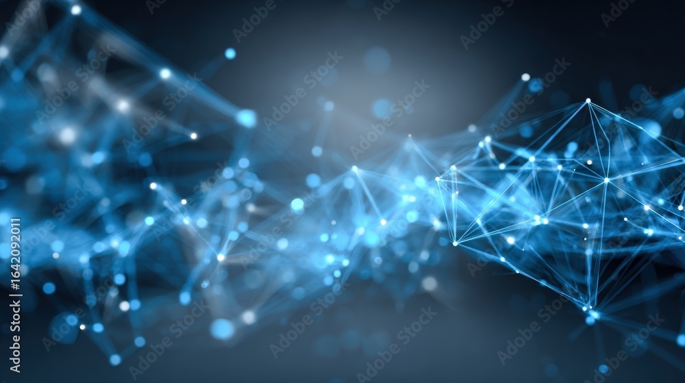 Poster abstract technology background with interconnected nodes representing network, communication, and da