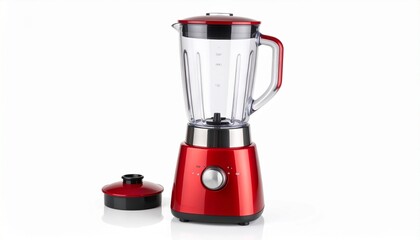 Red countertop blender with transparent container and silver dial on white background
