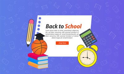 Creative back to school flyer design with globe, graduation cap, and calculator,open book,clock,pencil,bulb, great for education campaigns, study abroad programs, and event invitation