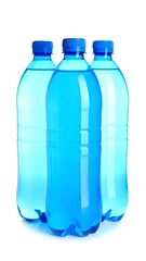 Three blue plastic water bottles