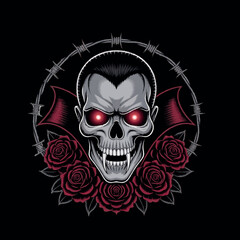 Gothic Vampire Skull with Roses: A sinister skull, with piercing red eyes and sharp fangs, surrounded by roses and a barbed-wire halo, evoking a sense of dark beauty.