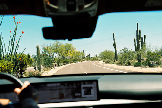 View of Arizona desert through car window 