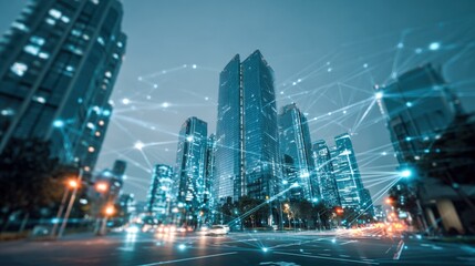 Futuristic Cityscape with Network Connections and Modern Architecture, Representing Global Connectivity and Technological Advancement