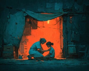 A nurse comforting a child in a makeshift hospital, warm tones evoking empathy