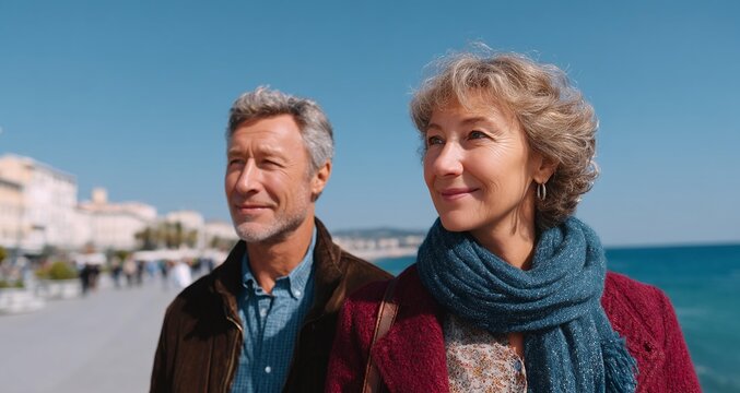 Couple Walking Along the Seaside Promenade