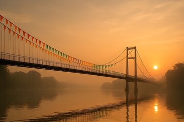 Obraz premium Suspension bridge over river at sunrise scenic view travel destination golden hour landscape photography