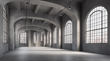 Fototapeta premium Industrial Interior Space with Arched Windows, Concrete Walls, and Polished Floors for Design and Architecture
