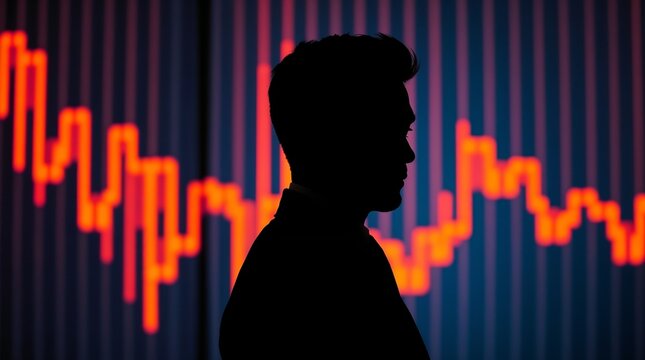 Silhouette of a man in suit against a backdrop of dynamic orange vertical lines, financial chart