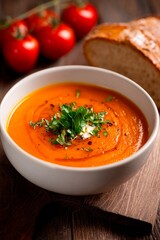 A warm bowl of vibrant tomato soup garnished with fresh herbs sits on a rustic wooden table. Juicy tomatoes and crusty bread accompany the meal, inviting a comforting dining experience