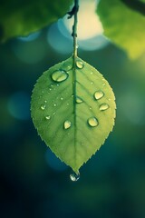 Single green leaf hangs with water droplets against a blurred green background.