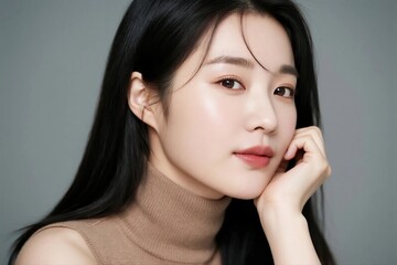 Fototapeta premium A Young Asian Woman with Long Black Hair Wearing Brown Turtleneck