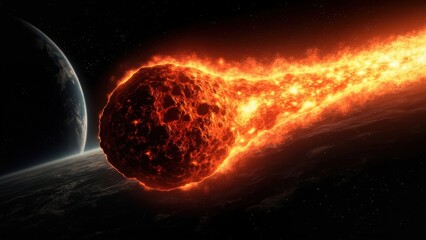 Obraz premium Massive fiery meteor hurtles toward Earth, engulfed in intense flames and leaving a trail of thick smoke. The planet’s curvature and illuminated atmosphere contrast with the dark expanse of space. 