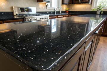 Closeup of a black speckled granite countertop in a modern kitchen with dark cabinets and hardwood floor