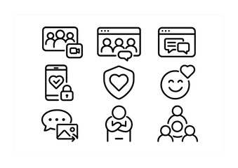 Digital Support Icons. Outline icon set of digital support groups: video call icon, online chat, support forum