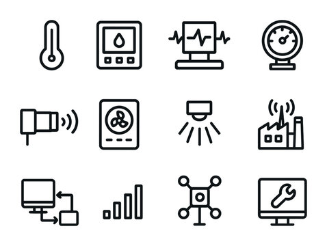 Smart Factory Sensor Icons. Outline icon set of smart factory sensors: temperature sensor, humidity monitor,