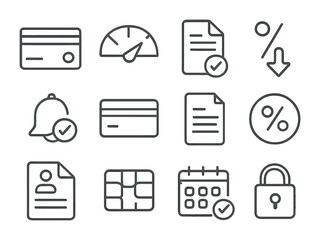 Credit Management Icons. Outline icon set of credit management: credit card, credit score meter, loan document