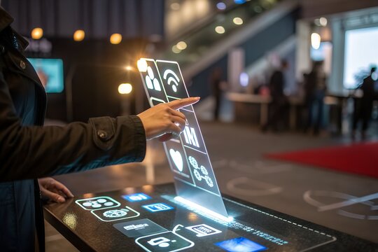 A persons hand interacts with a futuristic holographic touchscreen interface displaying various digital icons and data