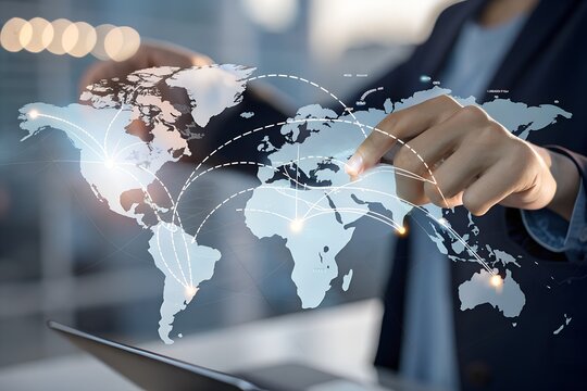 Person interacting with a digital world map on a tablet, showing global connections and international network - Powered by Adobe