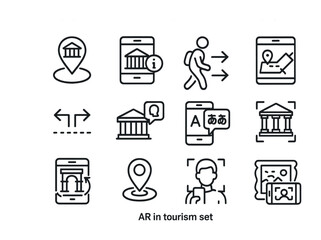 AR Tourism Icon Set. Outline icon set of AR in tourism: landmark tag, info overlay, guided walk, digital map,