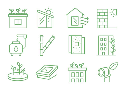 Green Architecture Icons. Outline icon set of green architecture ideas: green roof, solar window, passive