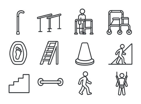 Mobility Training Icons. Outline icon set of mobility training: walking cane, parallel bars, standing frame,